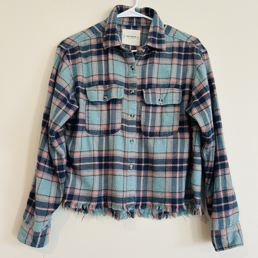 Lucky Brand Flannel Shirt Womens Sz XS Plaid Raw Frayed Hem Grunge Oversized